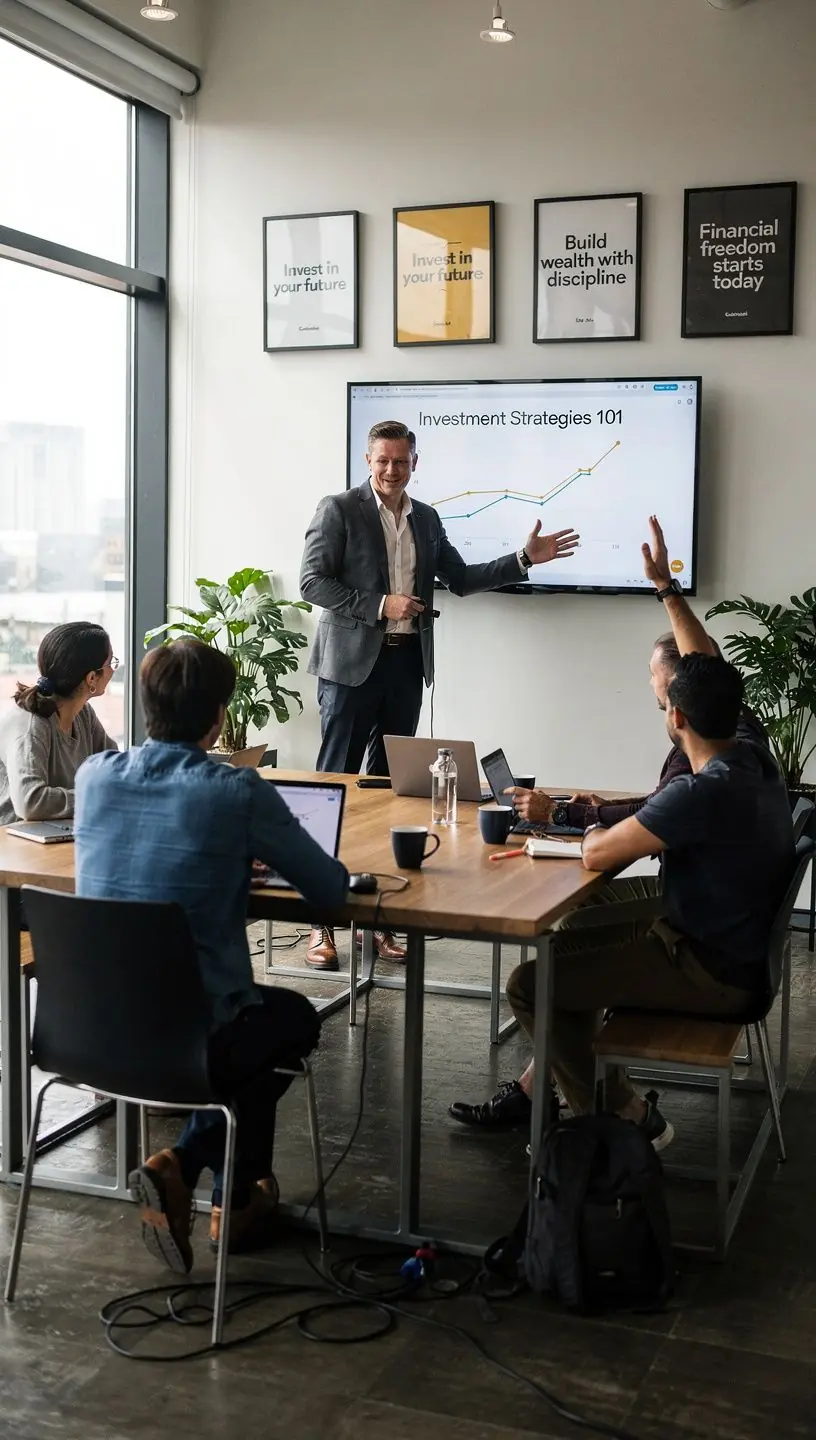 Résztvevők jegyzetelnek egy élő, oktató jellegű pénzügyi műhelymunka során.