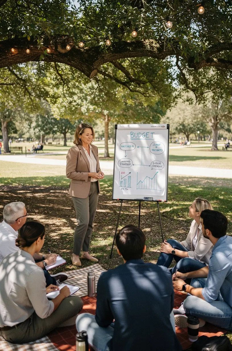 Előfizetéses offline pénzügyi workshop résztvevők csoportos megbeszélése.